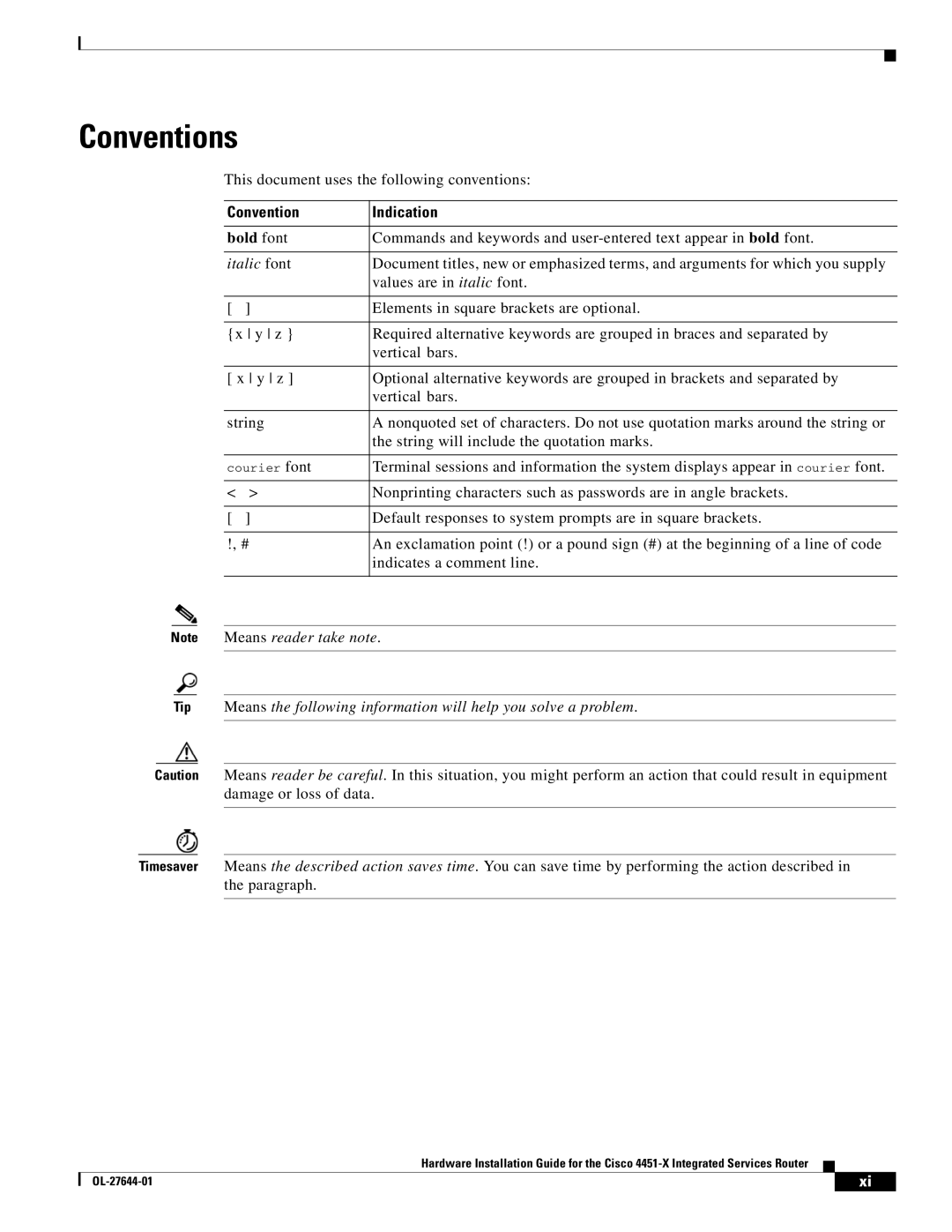 Cisco Systems ISR4451XK9 manual Conventions, Convention Indication 