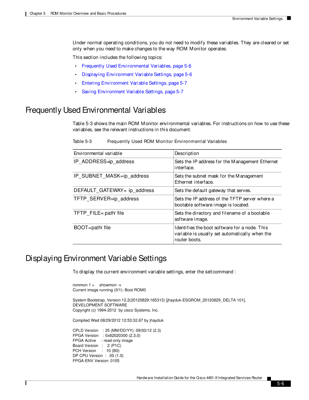 Cisco Systems ISR4451XK9 manual Frequently Used Environmental Variables, Displaying Environment Variable Settings 