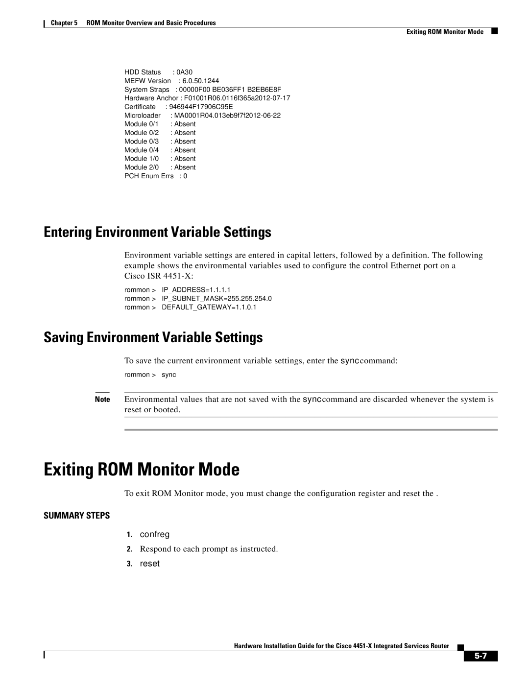 Cisco Systems ISR4451XK9 manual Exiting ROM Monitor Mode, Entering Environment Variable Settings 