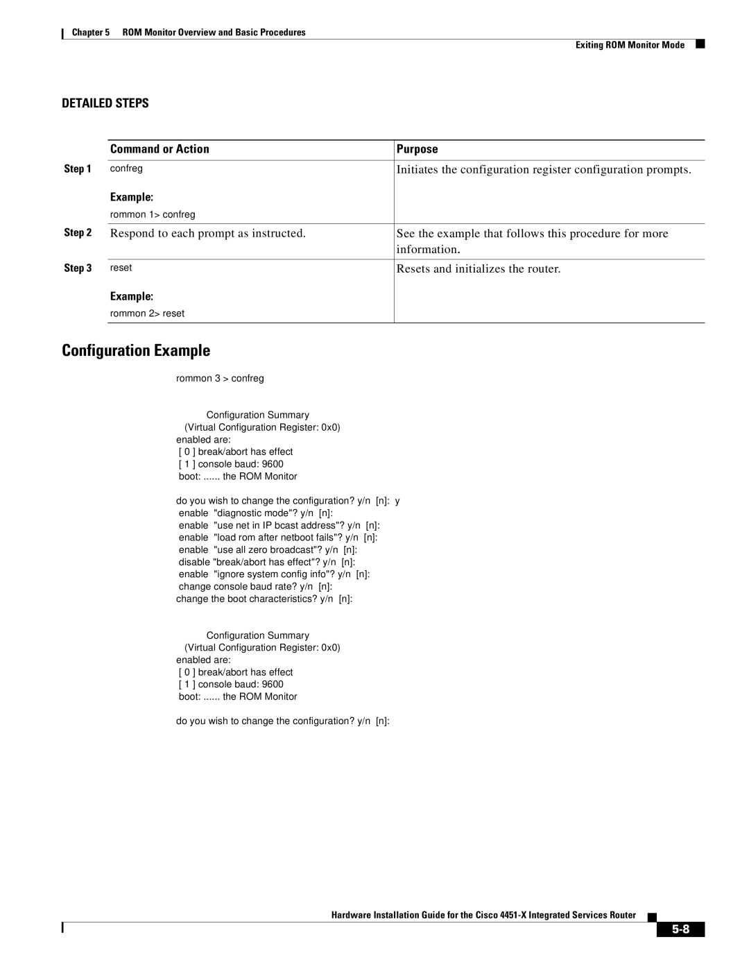 Cisco Systems ISR4451XK9 manual Configuration Example, Initiates the configuration register configuration prompts 