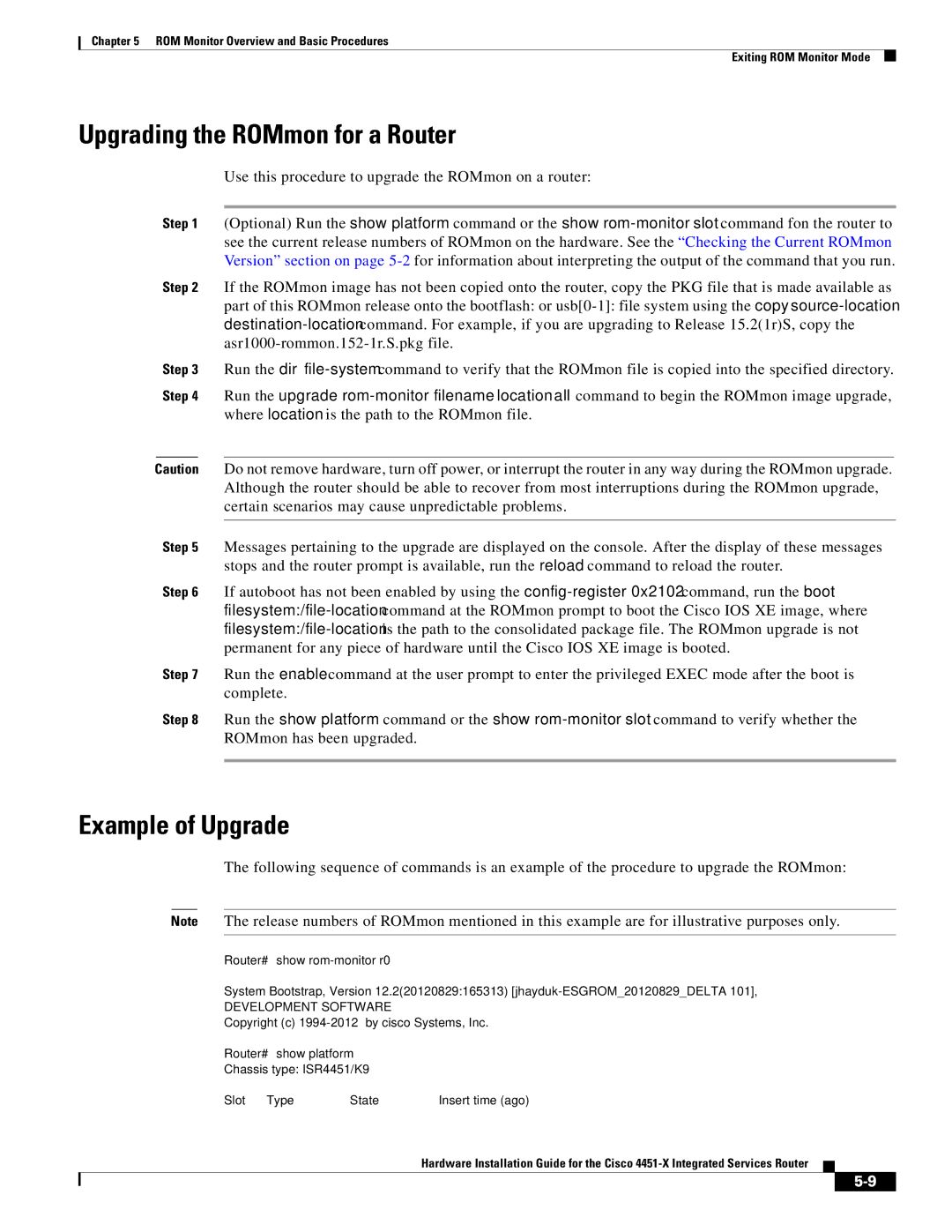 Cisco Systems ISR4451XK9 manual Upgrading the ROMmon for a Router, Example of Upgrade 