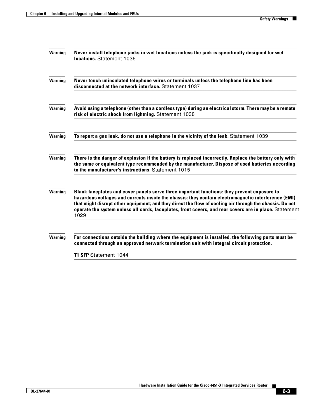 Cisco Systems ISR4451XK9 manual 1029 T1 SFP Statement 