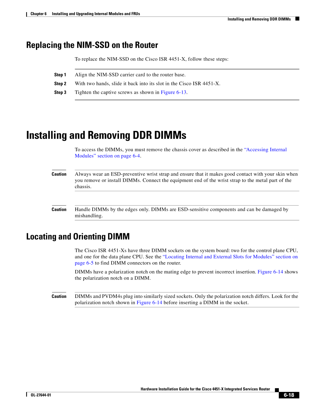 Cisco Systems ISR4451XK9 manual Installing and Removing DDR DIMMs, Replacing the NIM-SSD on the Router 