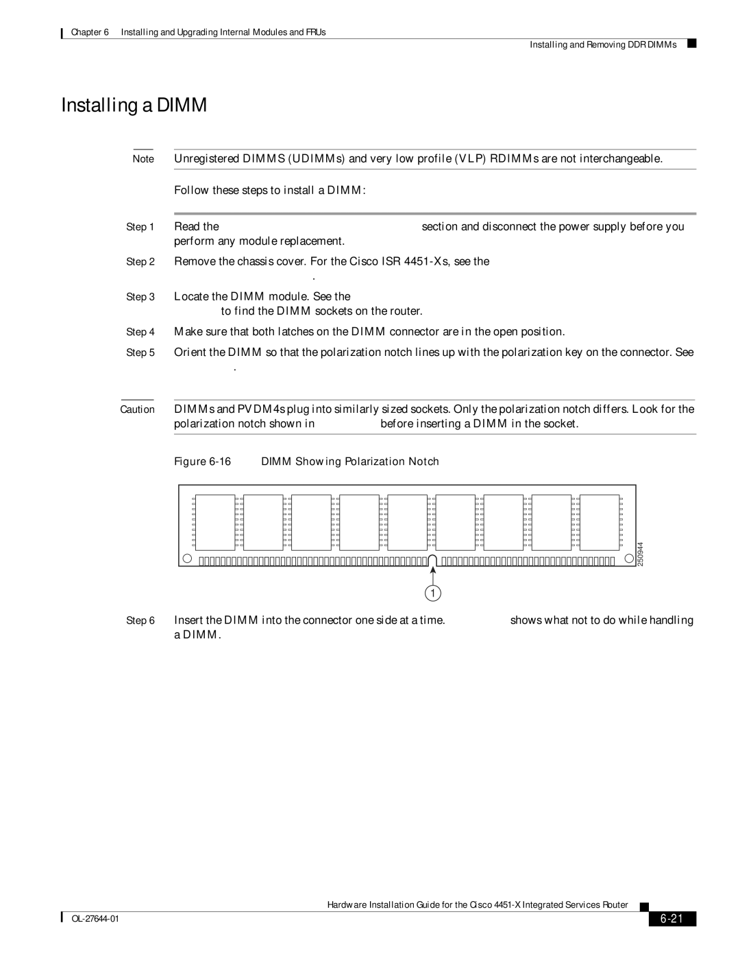 Cisco Systems ISR4451XK9 manual Installing a Dimm, Dimm Showing Polarization Notch 