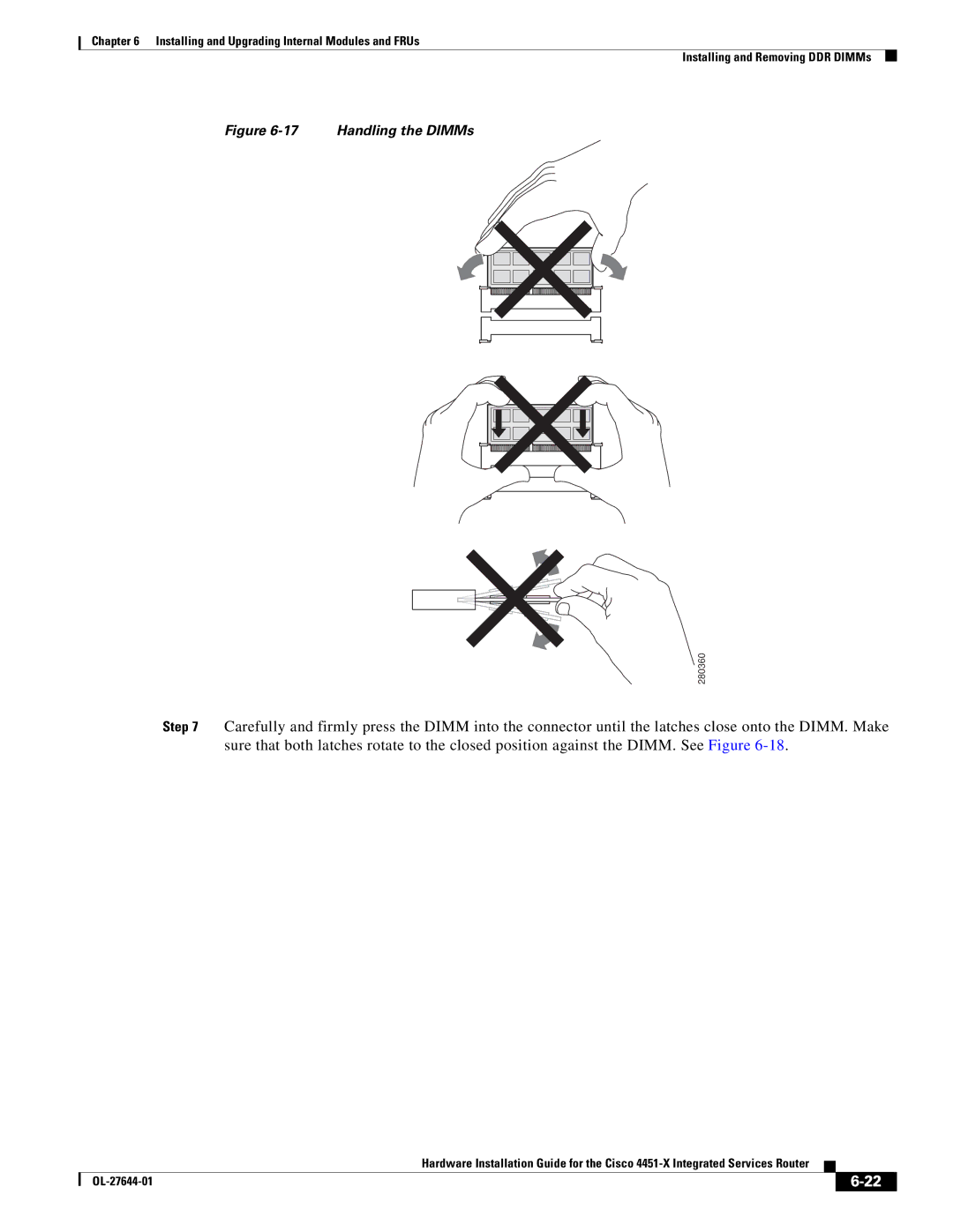 Cisco Systems ISR4451XK9 manual Handling the DIMMs 