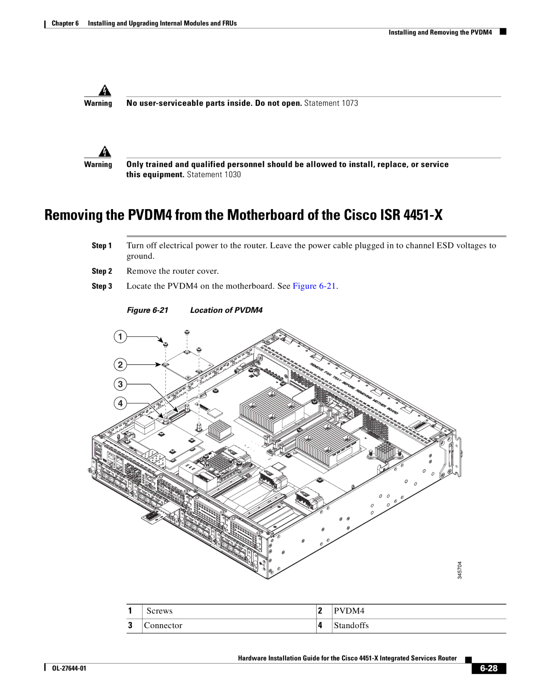 Cisco Systems ISR4451XK9 manual Removing the PVDM4 from the Motherboard of the Cisco ISR, Screws Connector, Standoffs 