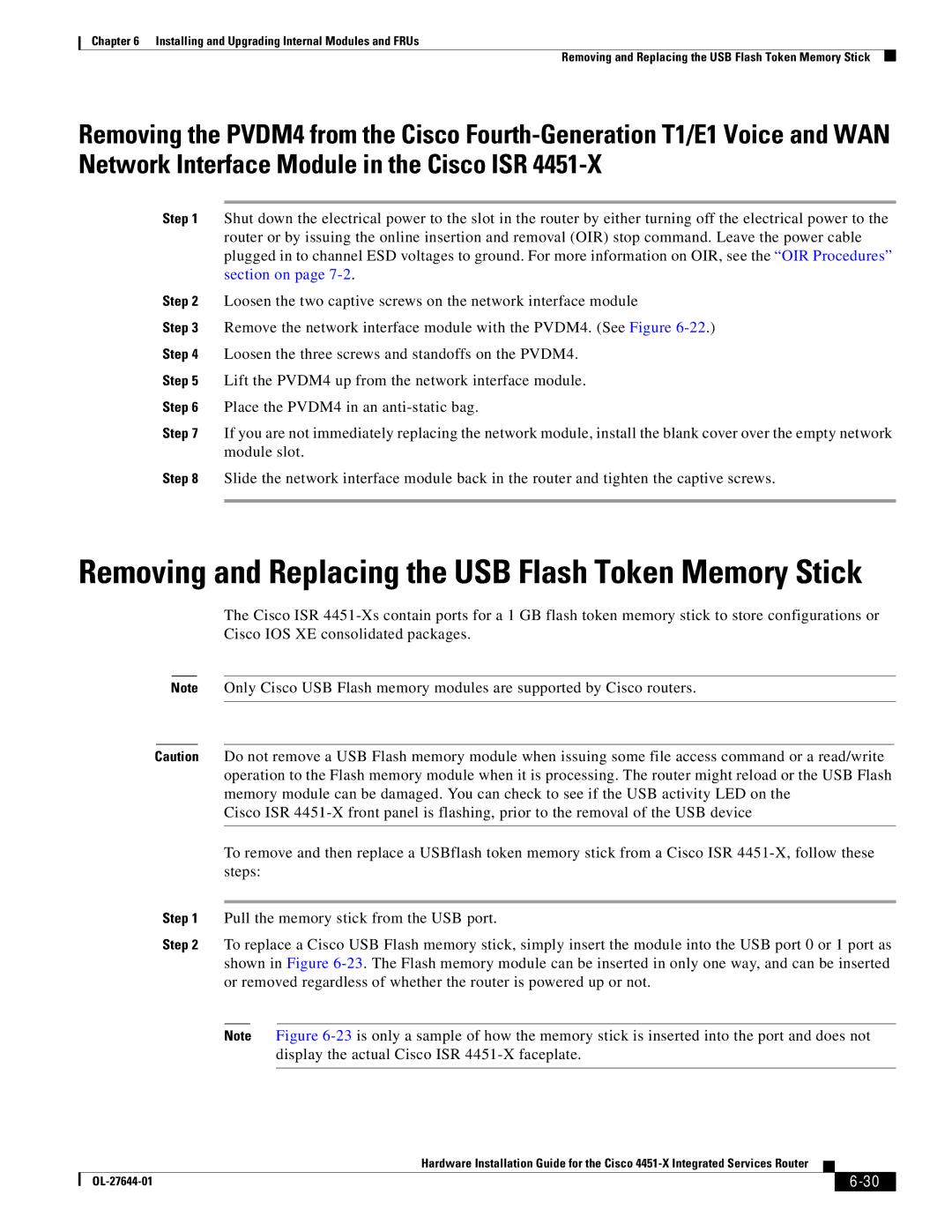 Cisco Systems ISR4451XK9 manual Removing and Replacing the USB Flash Token Memory Stick 