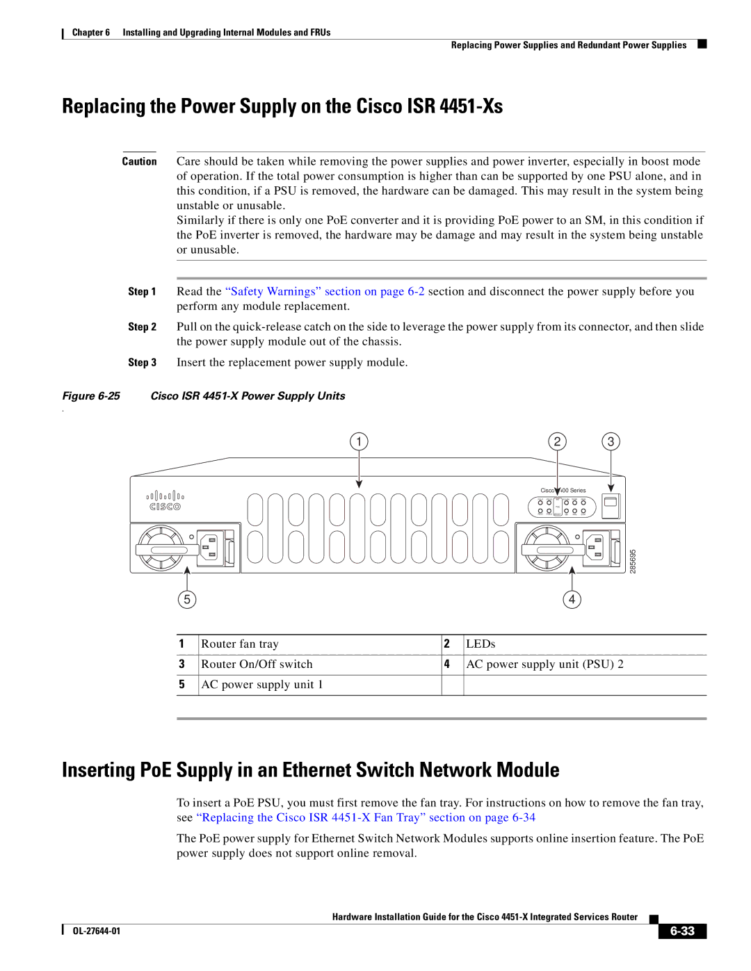 Cisco Systems ISR4451XK9 manual Replacing the Power Supply on the Cisco ISR 4451-Xs 