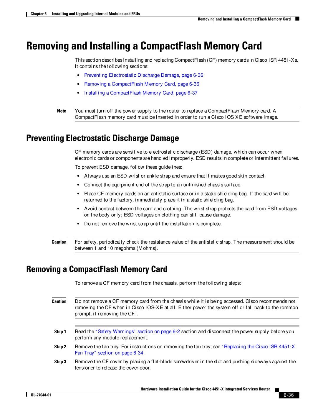 Cisco Systems ISR4451XK9 manual Removing and Installing a CompactFlash Memory Card, Removing a CompactFlash Memory Card 