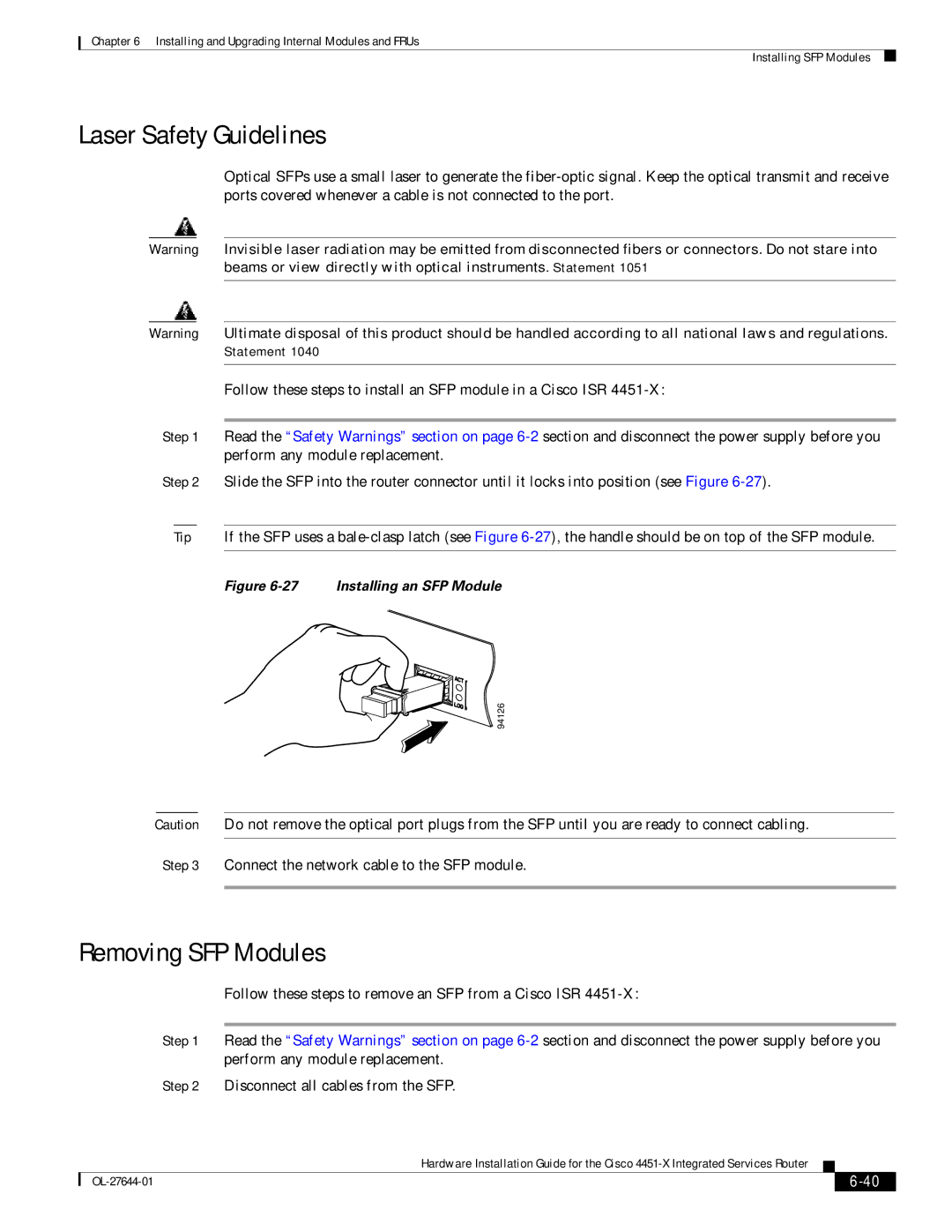 Cisco Systems ISR4451XK9 manual Laser Safety Guidelines, Removing SFP Modules, Connect the network cable to the SFP module 