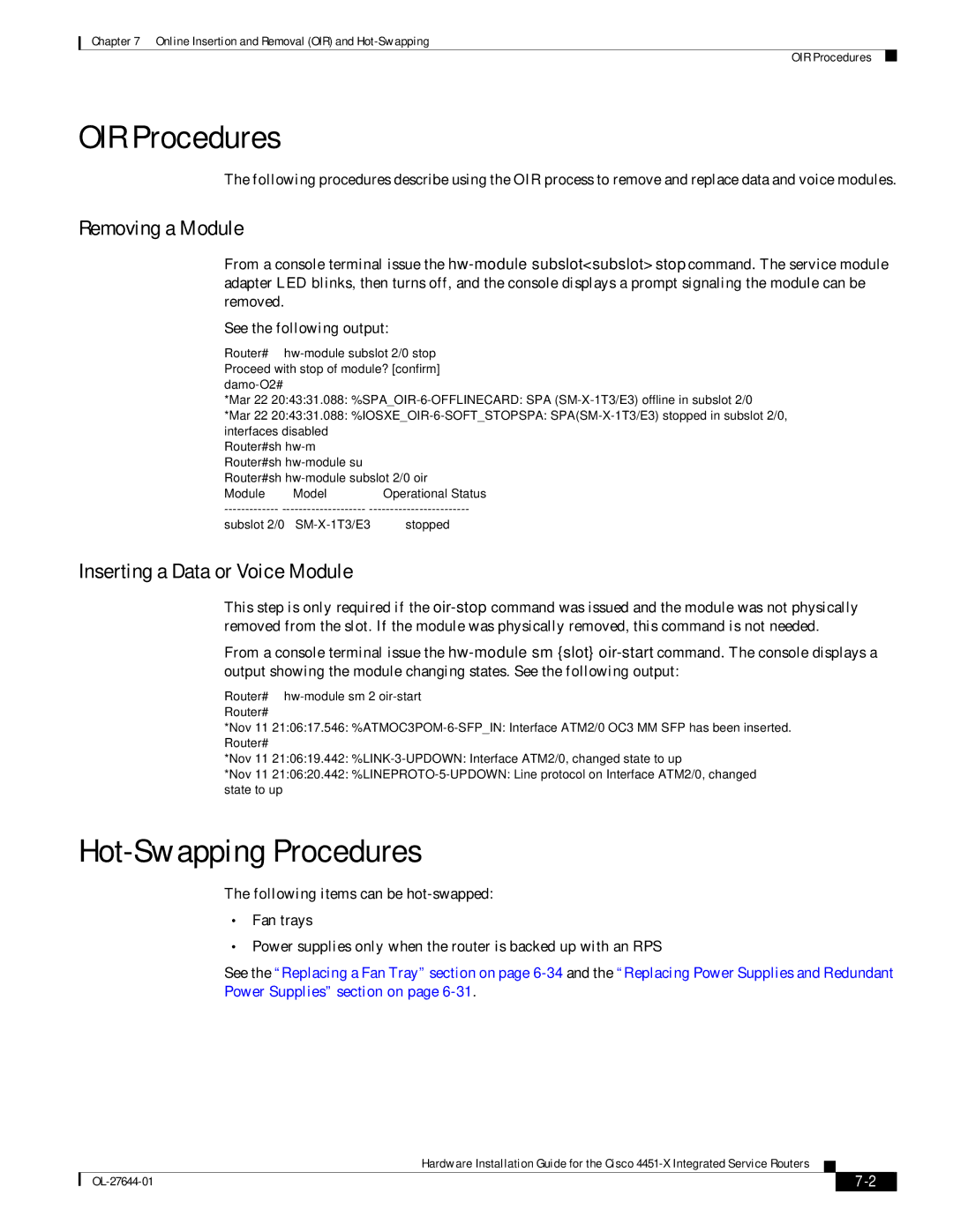 Cisco Systems ISR4451XK9 OIR Procedures, Hot-Swapping Procedures, Removing a Module, Inserting a Data or Voice Module 