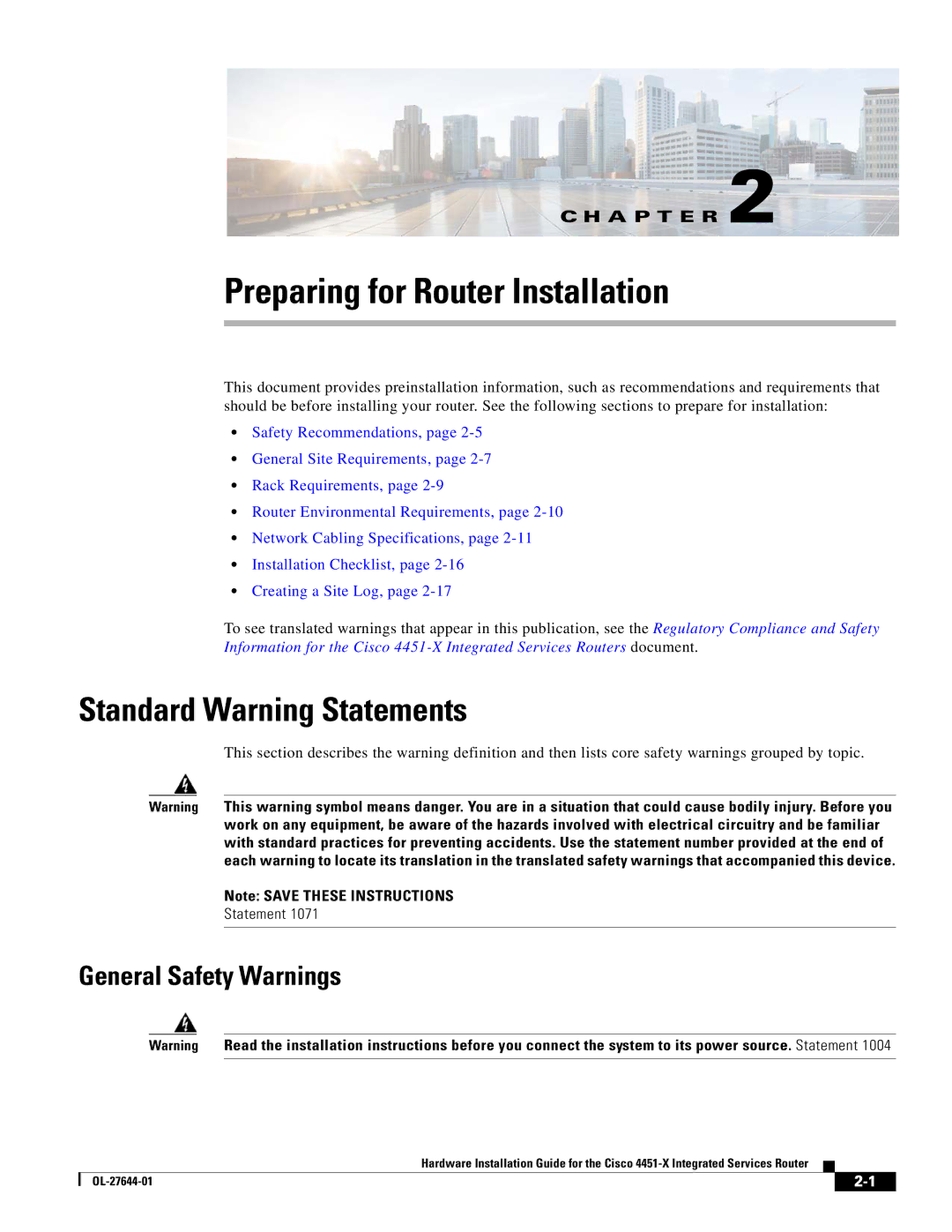 Cisco Systems ISR4451XK9 manual Standard Warning Statements, General Safety Warnings 