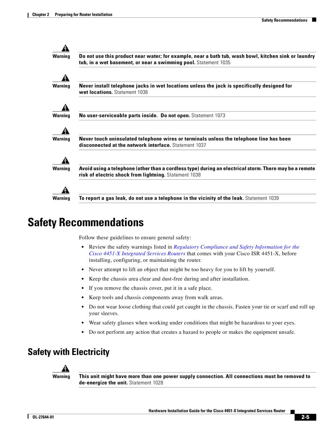 Cisco Systems ISR4451XK9 Safety Recommendations, Safety with Electricity, Follow these guidelines to ensure general safety 