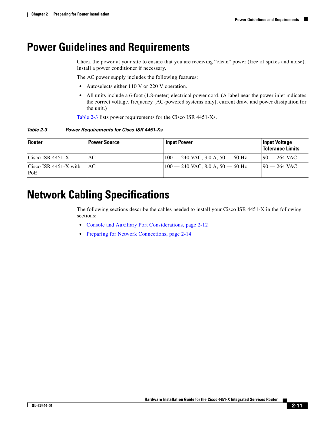 Cisco Systems ISR4451XK9 manual Power Guidelines and Requirements, Network Cabling Specifications 