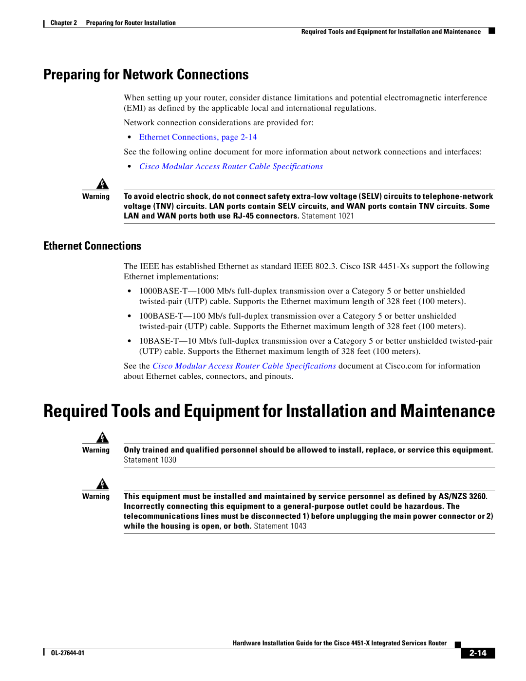 Cisco Systems ISR4451XK9 manual Preparing for Network Connections, Ethernet Connections 