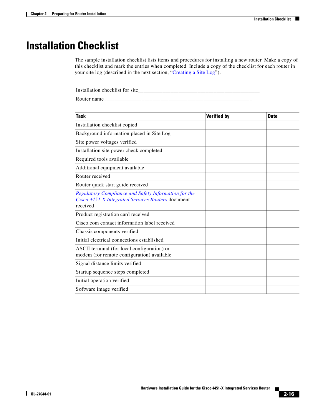 Cisco Systems ISR4451XK9 manual Installation Checklist, Task Verified by Date 