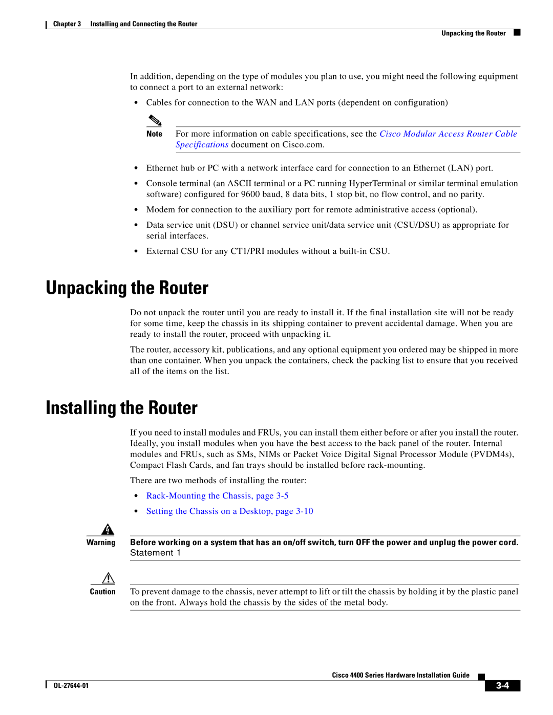 Cisco Systems ISR4451XK9 manual Unpacking the Router, Installing the Router 