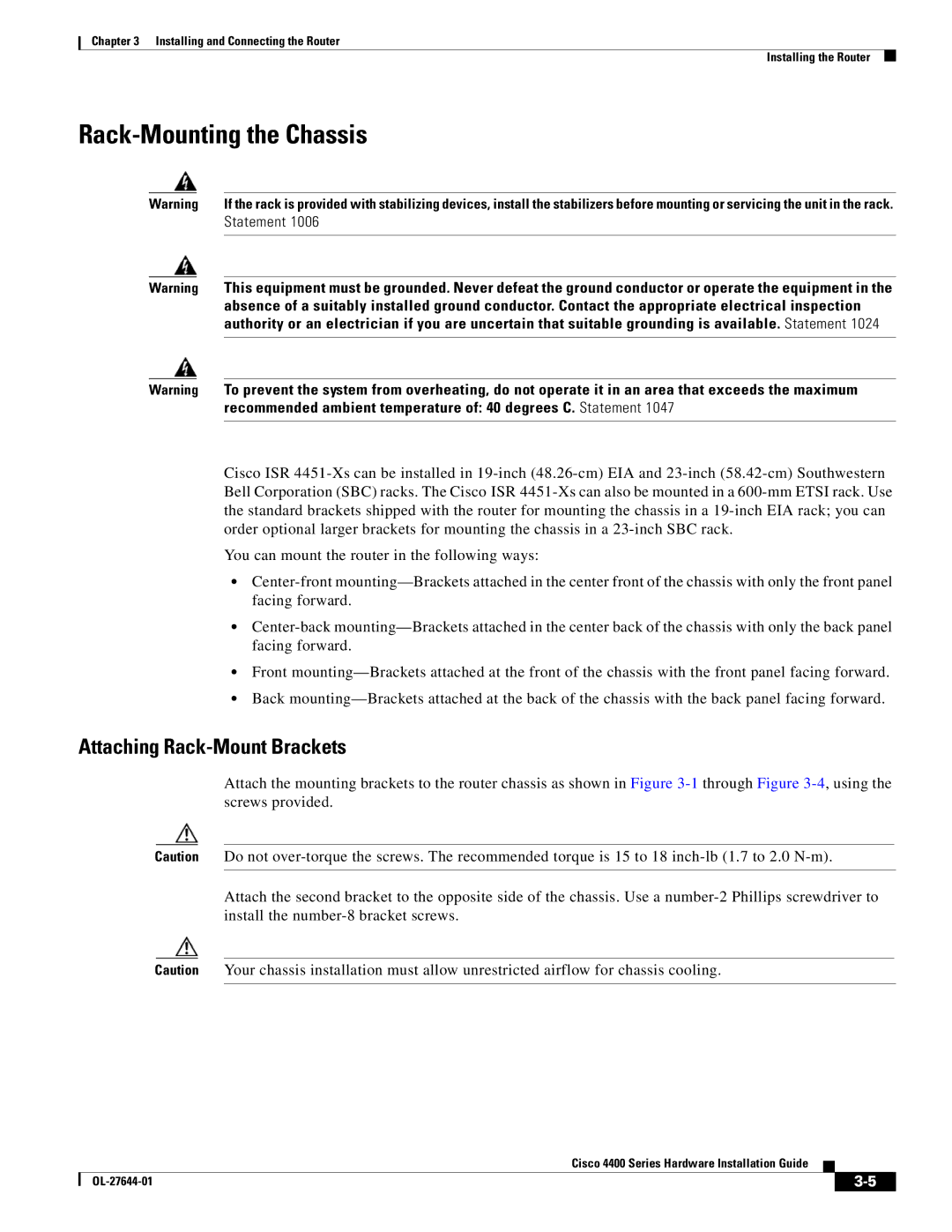 Cisco Systems ISR4451XK9 manual Rack-Mounting the Chassis, Attaching Rack-Mount Brackets, Statement 