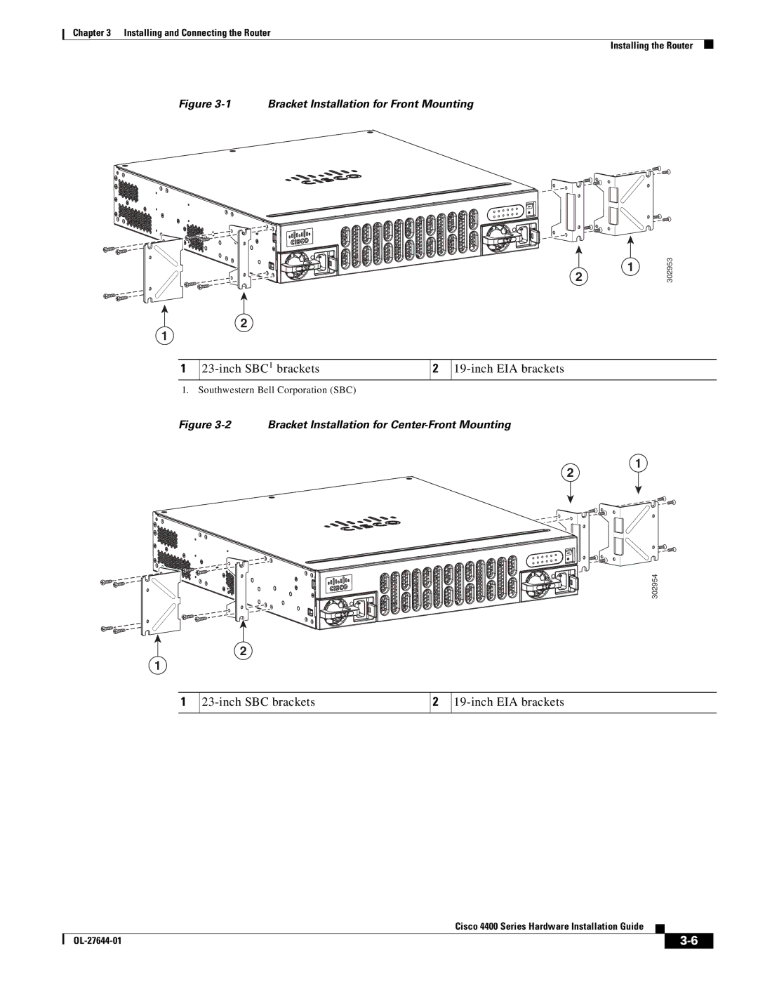 Cisco Systems ISR4451XK9 manual Inch SBC 1 brackets Inch EIA brackets, Inch SBC brackets Inch EIA brackets 