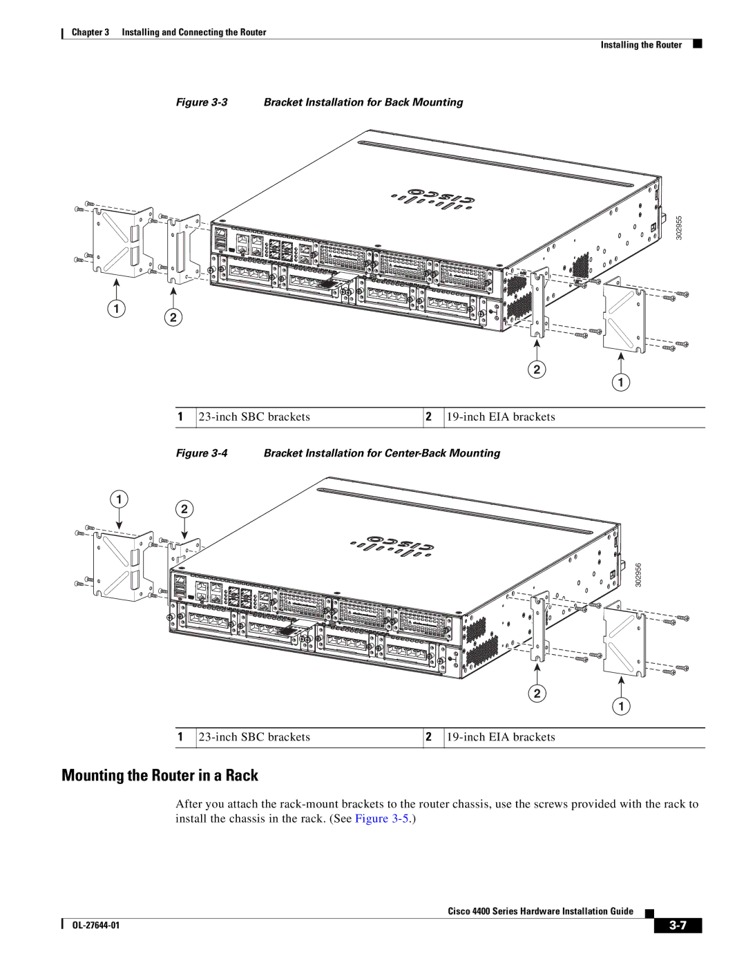 Cisco Systems ISR4451XK9 manual Mounting the Router in a Rack, Bracket Installation for Back Mounting 