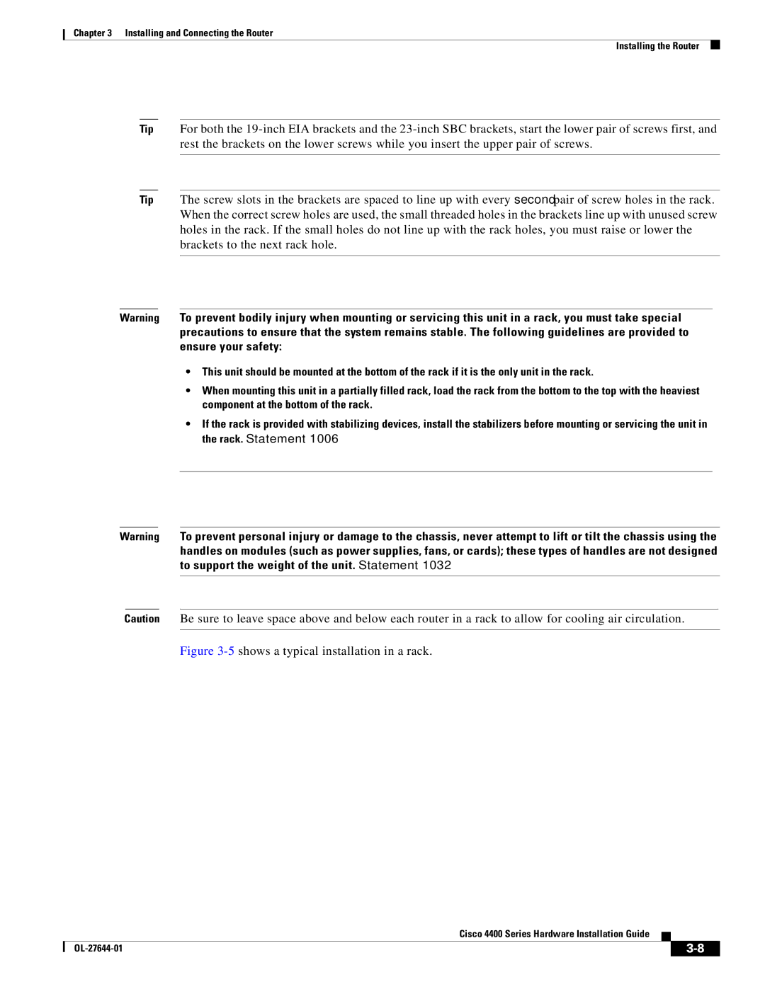 Cisco Systems ISR4451XK9 manual 5shows a typical installation in a rack 