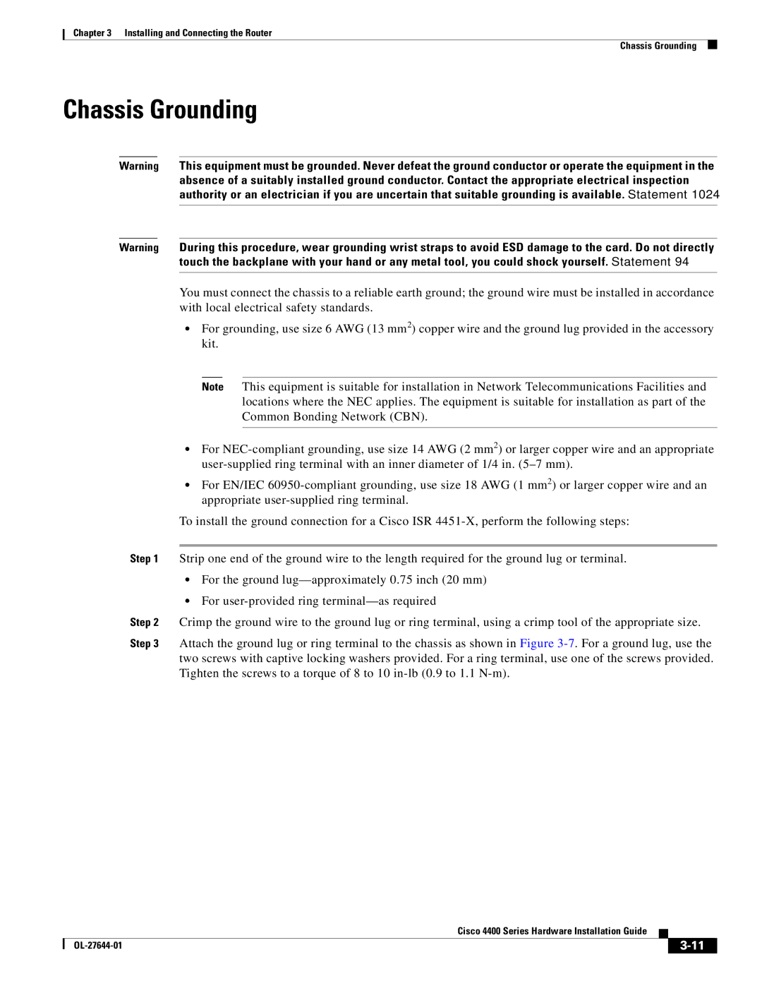 Cisco Systems ISR4451XK9 manual Chassis Grounding 