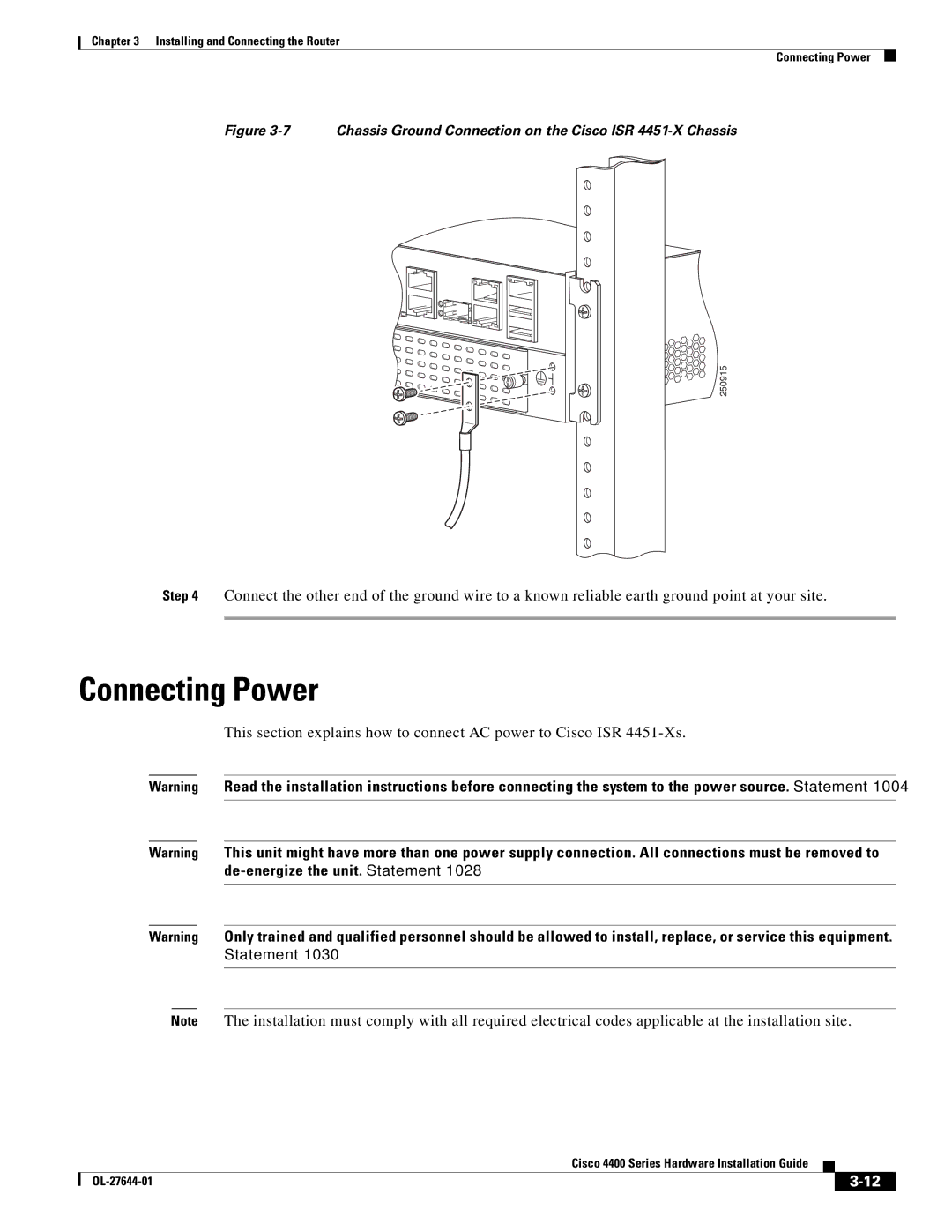 Cisco Systems ISR4451XK9 manual Connecting Power, Chassis Ground Connection on the Cisco ISR 4451-X Chassis 