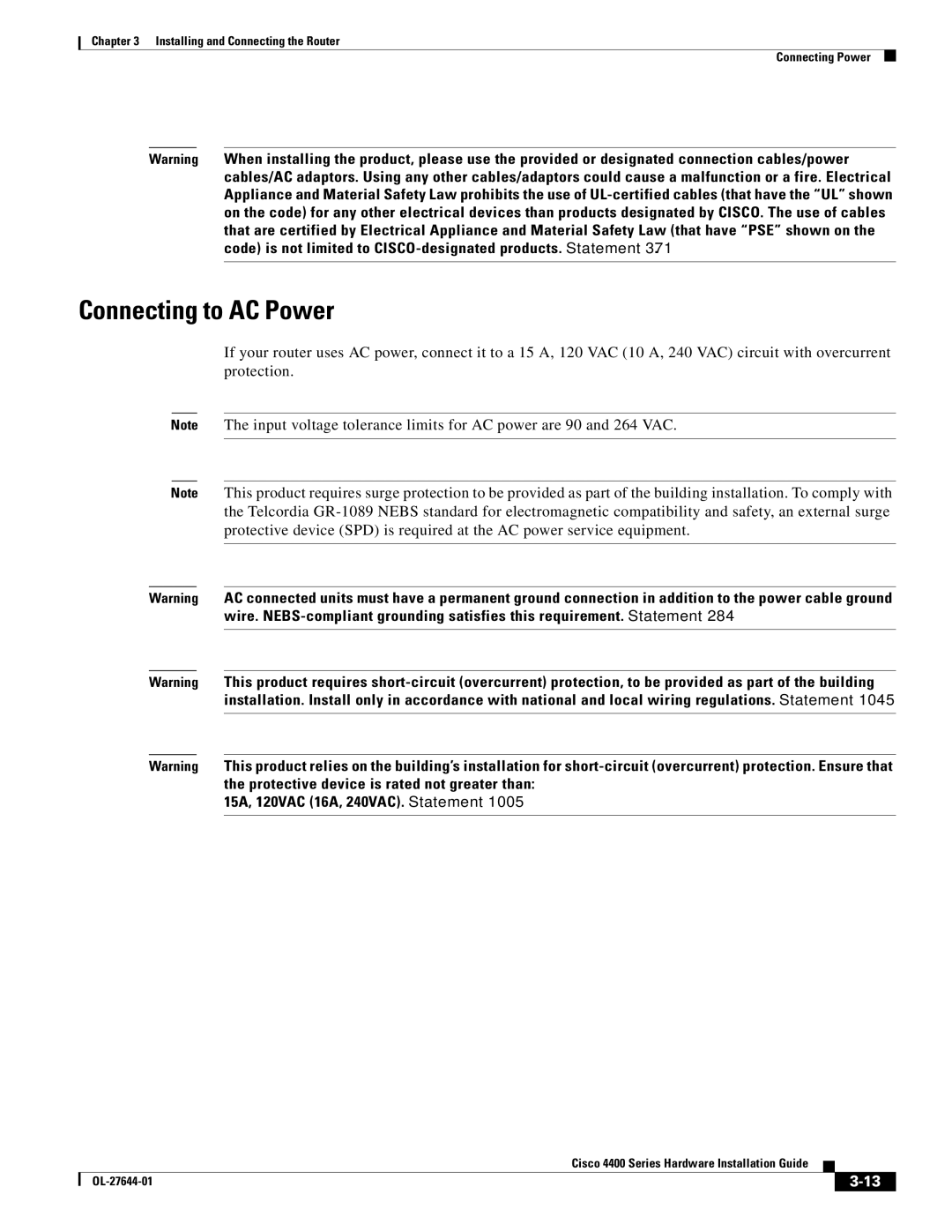 Cisco Systems ISR4451XK9 manual Connecting to AC Power, 15A, 120VAC 16A, 240VAC. Statement 