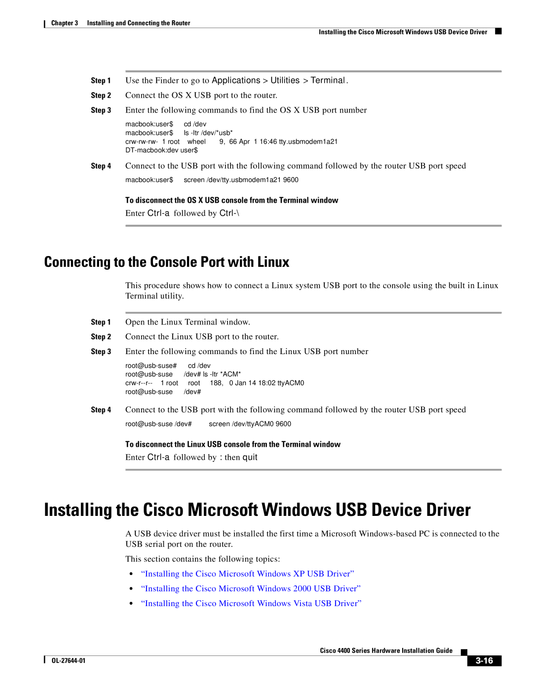 Cisco Systems ISR4451XK9 manual Connecting to the Console Port with Linux 