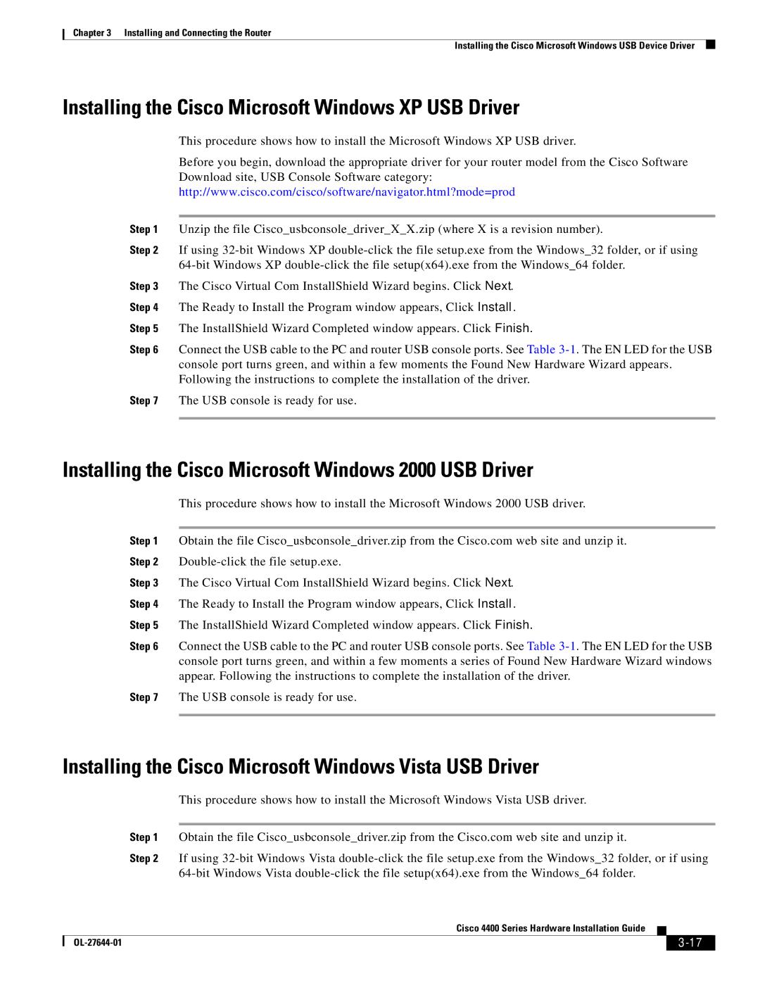 Cisco Systems ISR4451XK9 manual Installing the Cisco Microsoft Windows XP USB Driver 