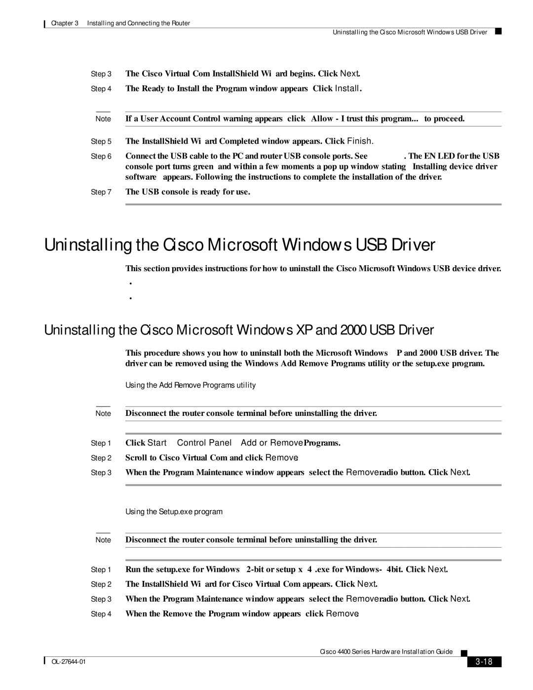 Cisco Systems ISR4451XK9 manual Uninstalling the Cisco Microsoft Windows USB Driver, Using the Add Remove Programs utility 