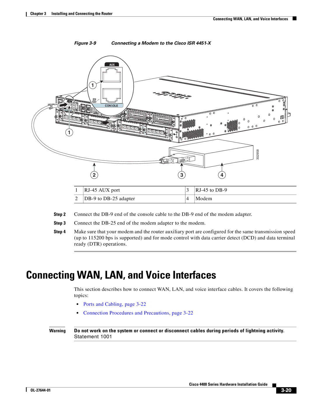 Cisco Systems ISR4451XK9 manual Connecting WAN, LAN, and Voice Interfaces, Connecting a Modem to the Cisco ISR 