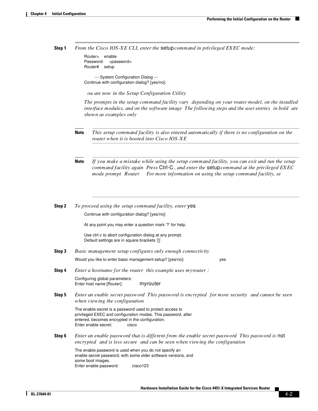 Cisco Systems ISR4451XK9 manual You are now in the Setup Configuration Utility, Shown as examples only 