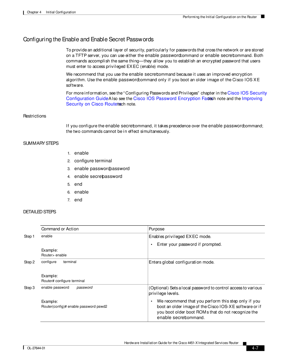 Cisco Systems ISR4451XK9 manual Configuring the Enable and Enable Secret Passwords 