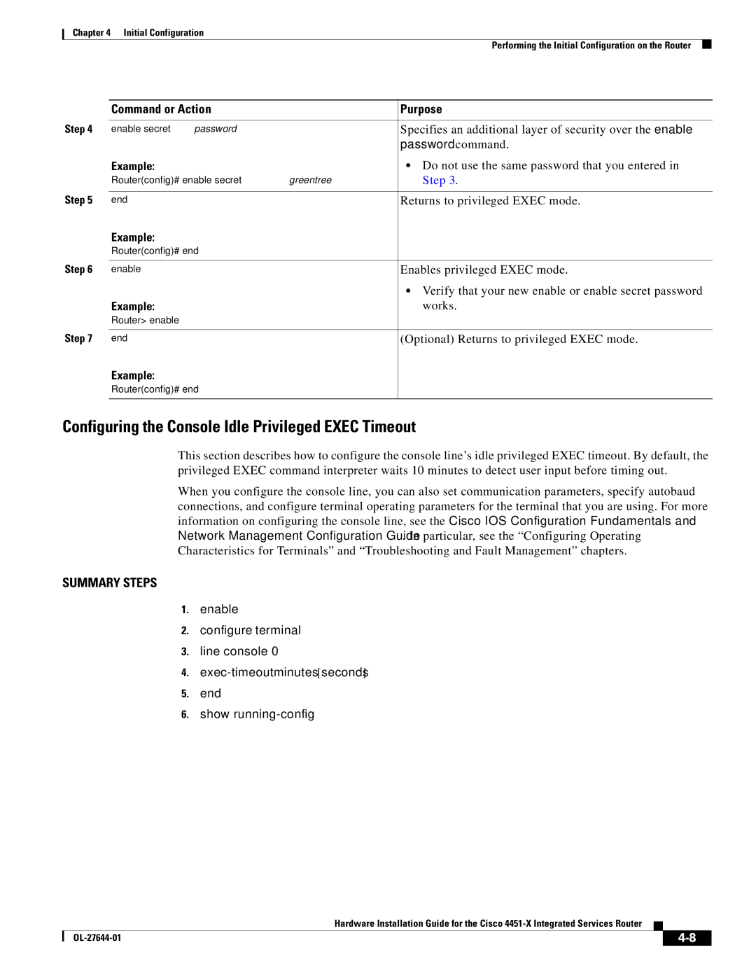 Cisco Systems ISR4451XK9 manual Configuring the Console Idle Privileged Exec Timeout 