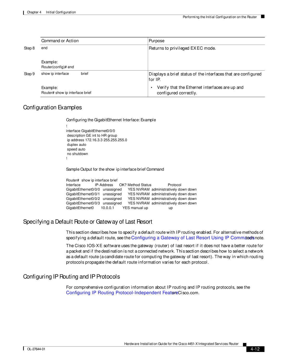 Cisco Systems ISR4451XK9 manual Configuration Examples, Specifying a Default Route or Gateway of Last Resort 