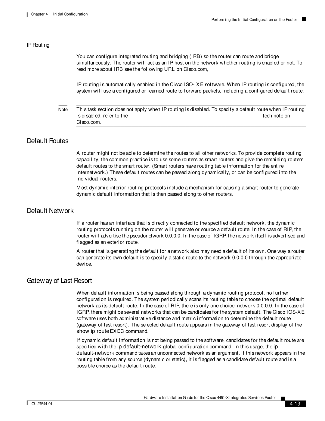 Cisco Systems ISR4451XK9 manual Default Routes, Default Network, Gateway of Last Resort 