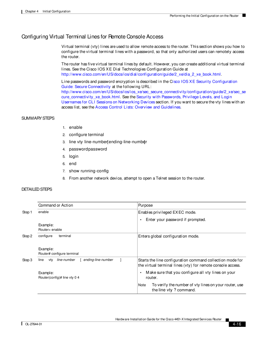 Cisco Systems ISR4451XK9 manual Starts the line configuration command collection mode for, Line vty ? command 