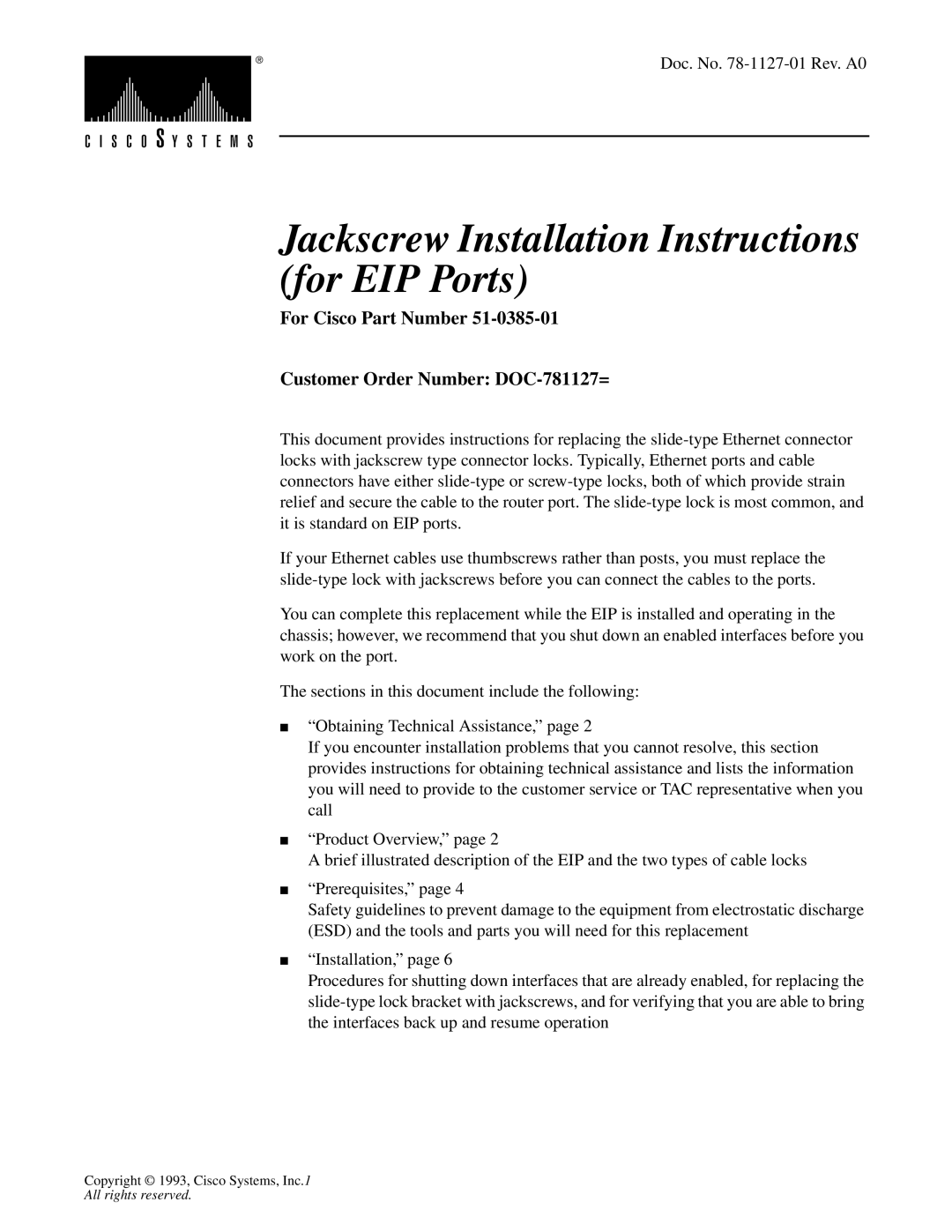 Cisco Systems installation instructions Jackscrew Installation Instructions for EIP Ports 