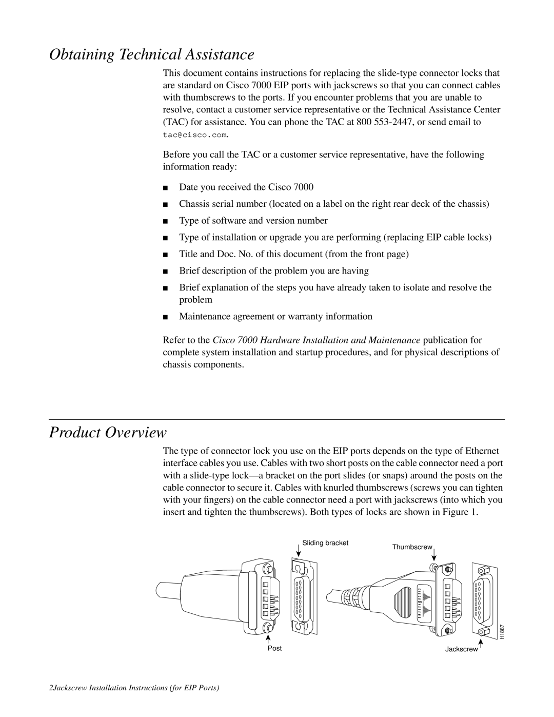 Cisco Systems Jackscrew installation instructions Obtaining Technical Assistance, Product Overview 