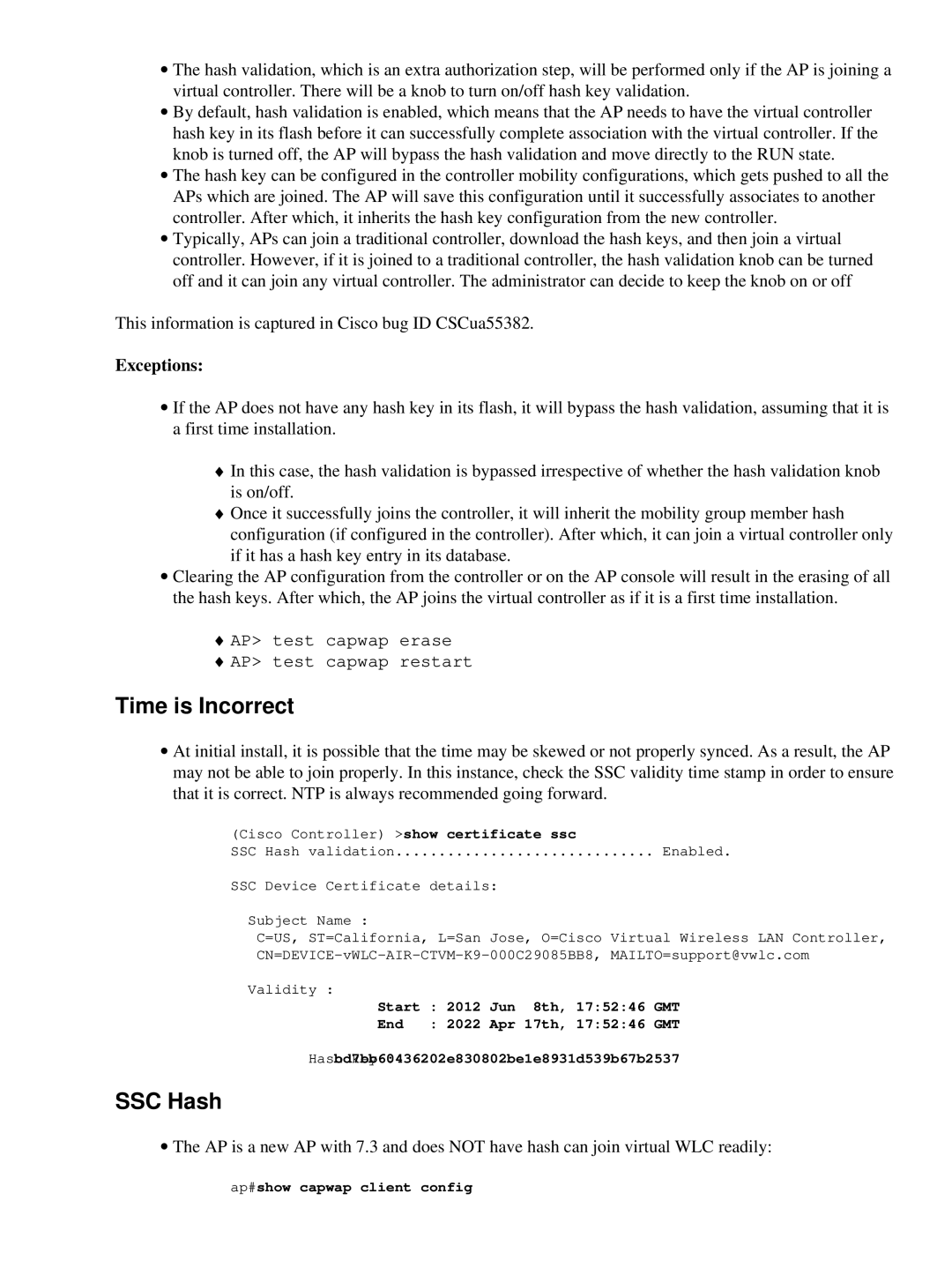 Cisco Systems LAIRCTVM5K9 manual Time is Incorrect, SSC Hash 