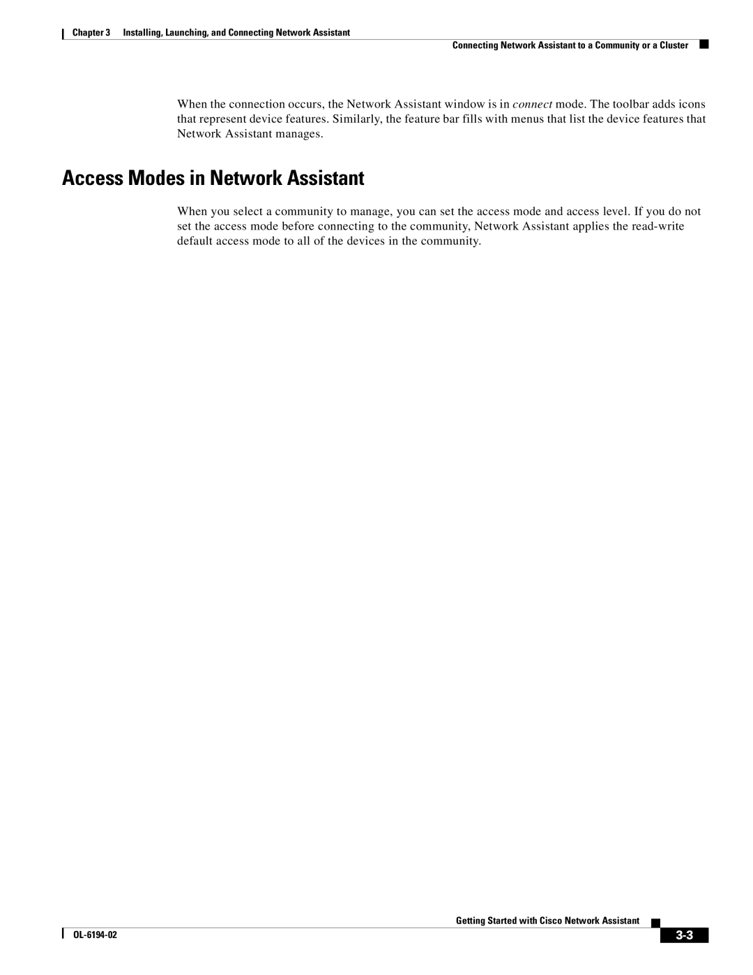 Cisco Systems and Connecting Network Assistant, Launching manual Access Modes in Network Assistant 