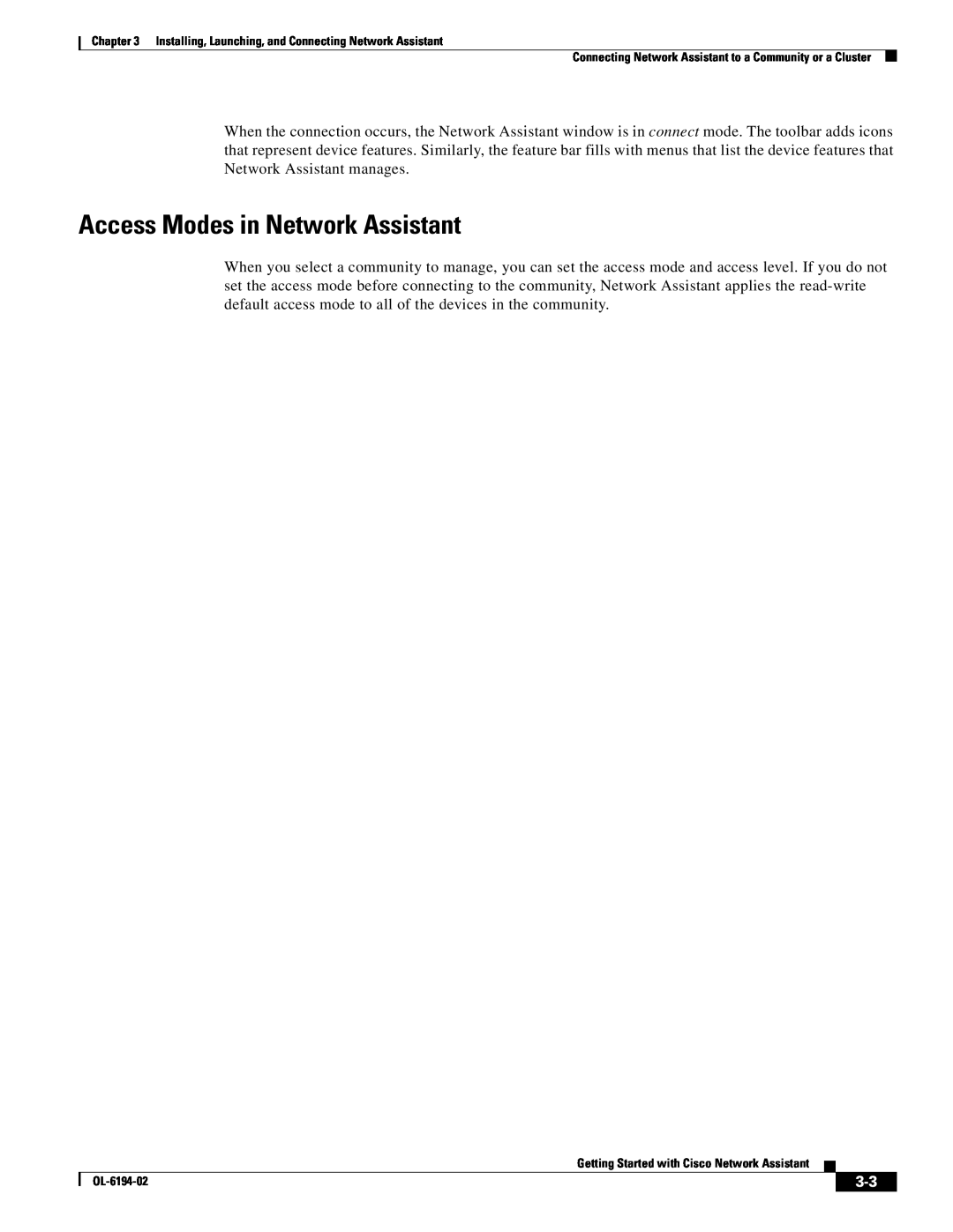 Cisco Systems and Connecting Network Assistant, Launching manual Access Modes in Network Assistant 