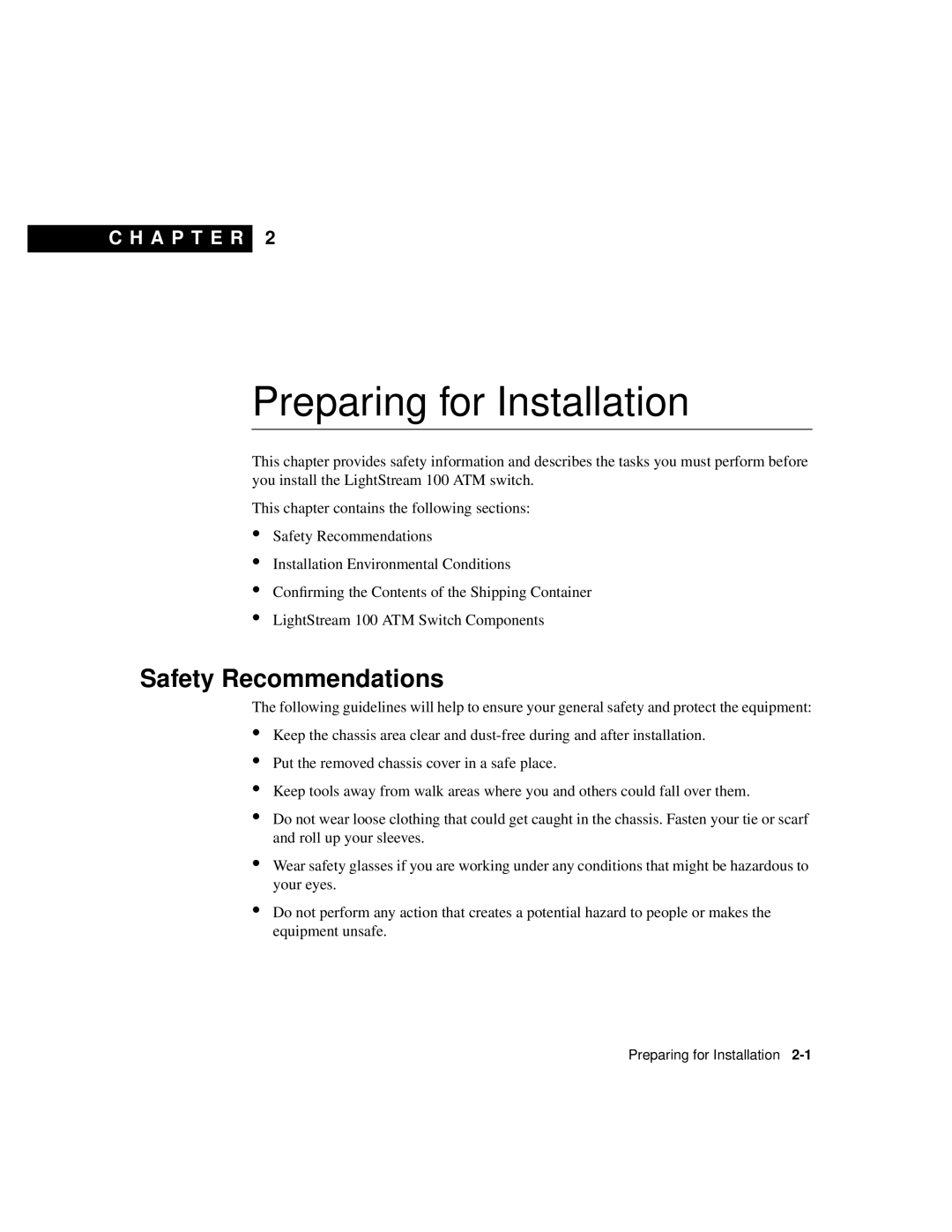 Cisco Systems LightStream 100 manual Safety Recommendations, Preparing for Installation, C H A P T E R 