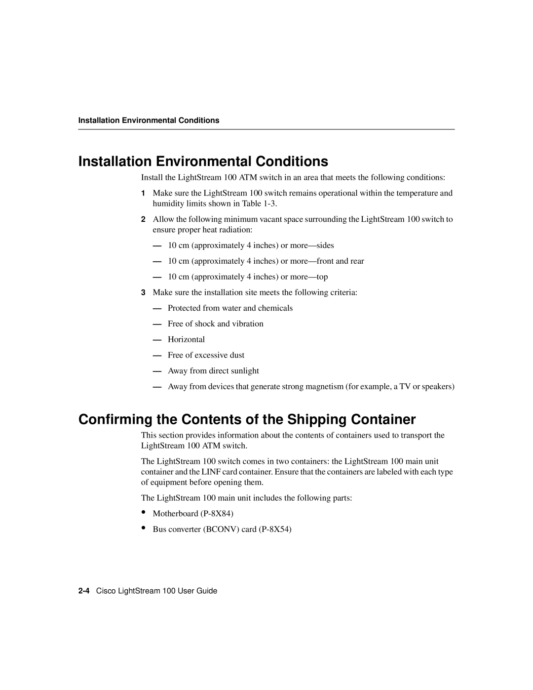 Cisco Systems LightStream 100 Installation Environmental Conditions, Conﬁrming the Contents of the Shipping Container 