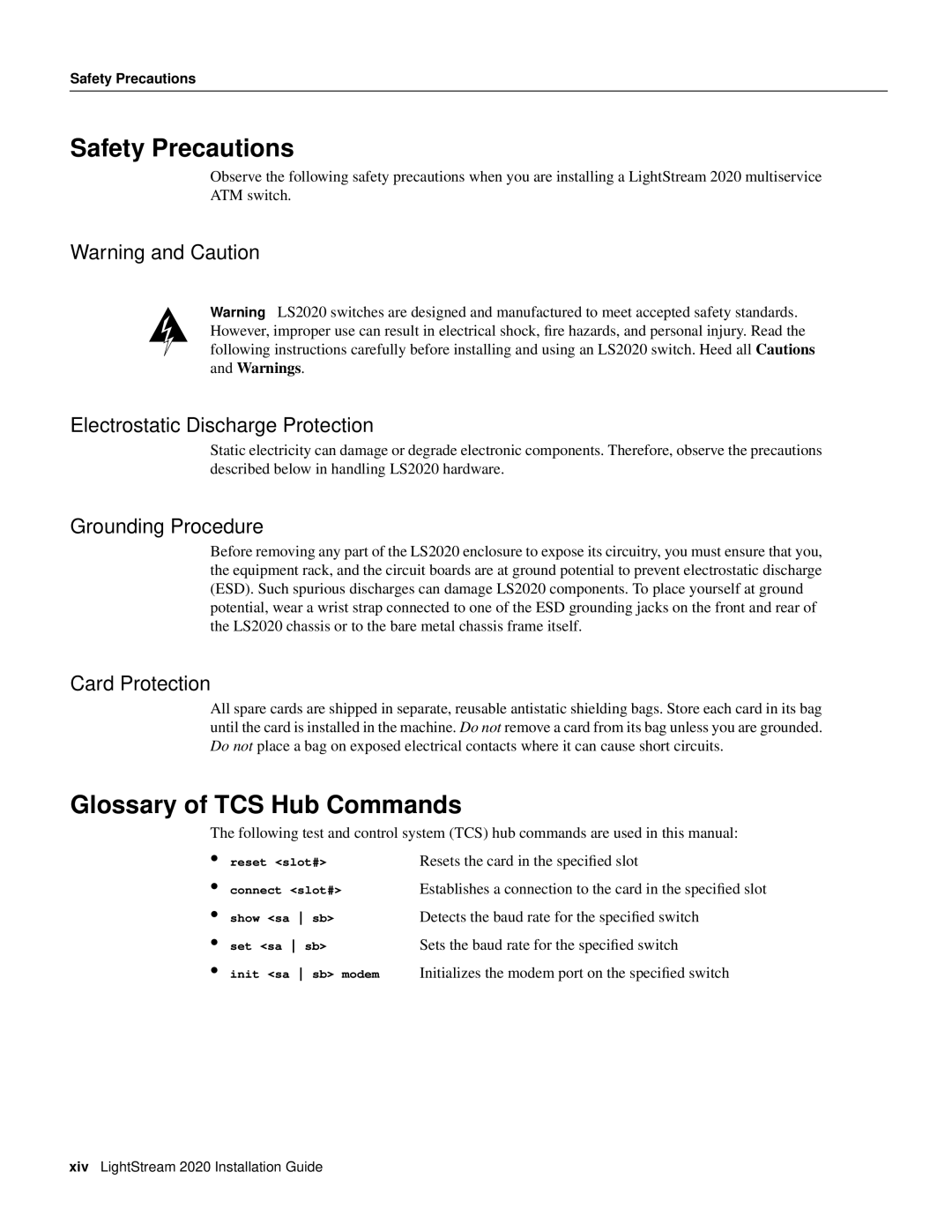 Cisco Systems LS2020 manual Safety Precautions, Glossary of TCS Hub Commands, Warning and Caution, Grounding Procedure 