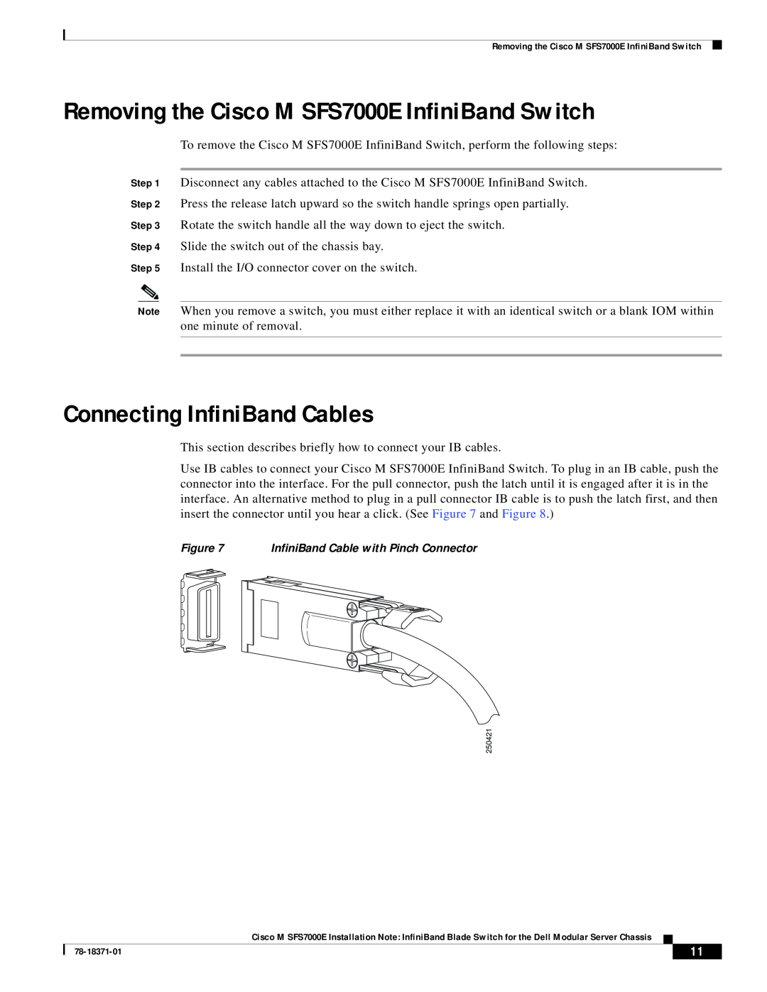 Cisco Systems specifications Removing the Cisco M SFS7000E InfiniBand Switch, Connecting InfiniBand Cables 