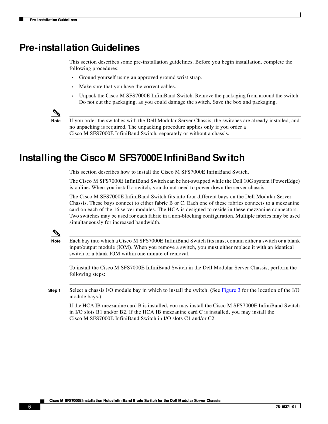 Cisco Systems specifications Pre-installation Guidelines, Installing the Cisco M SFS7000E InfiniBand Switch 