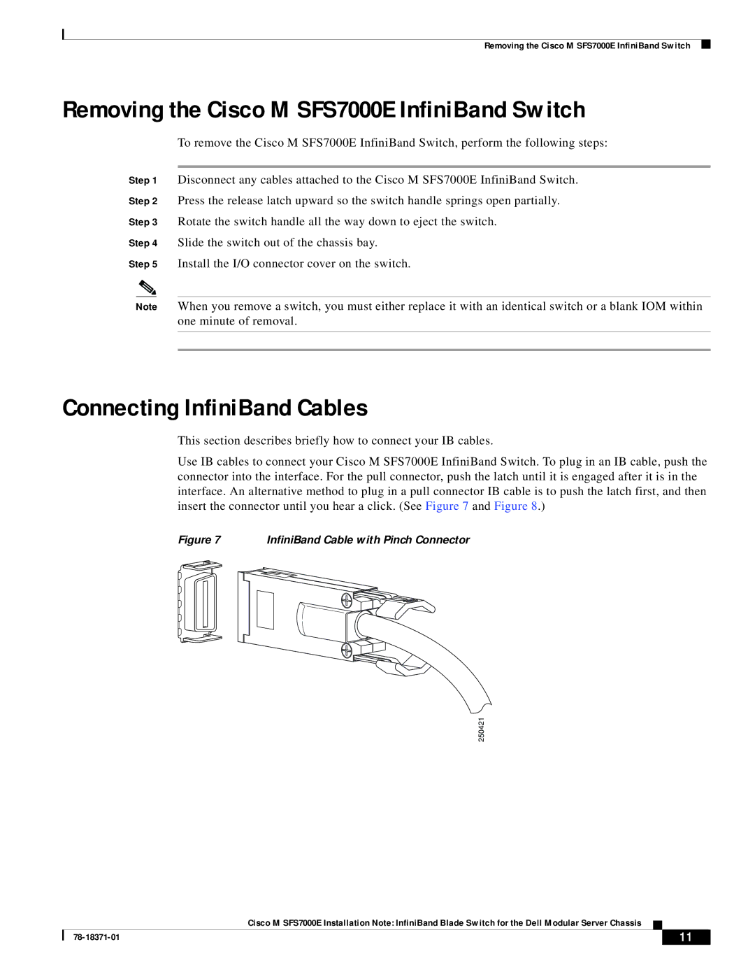 Cisco Systems specifications Removing the Cisco M SFS7000E InfiniBand Switch, Connecting InfiniBand Cables 