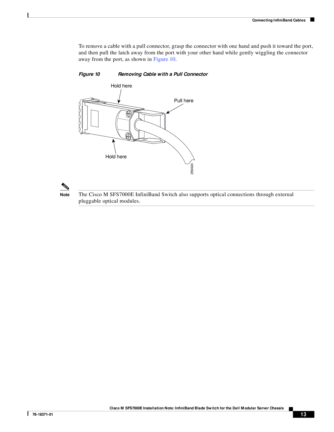 Cisco Systems M SFS7000E specifications Removing Cable with a Pull Connector 